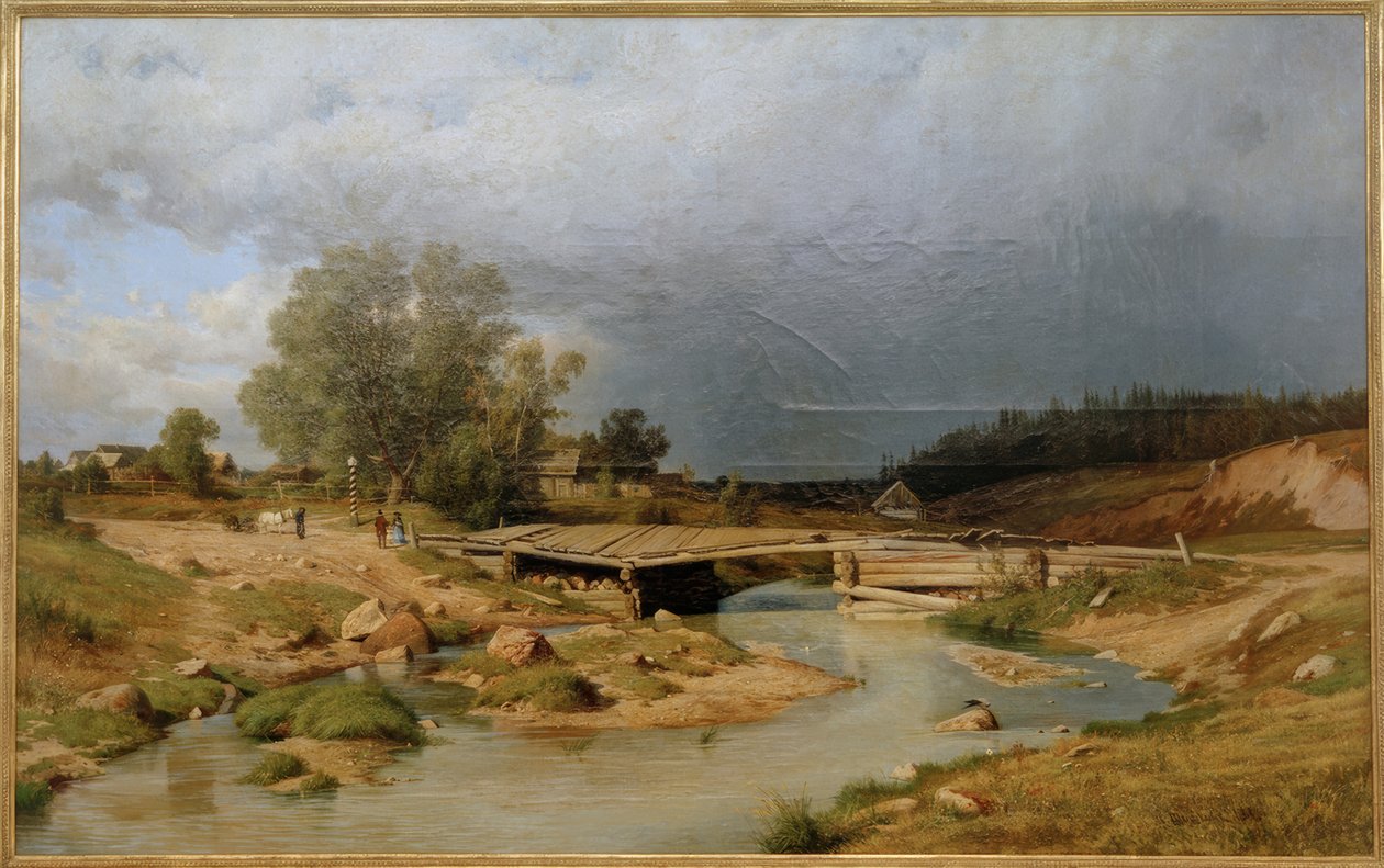 Landschap met houten brug door Ivan Ivanovich Shishkin
