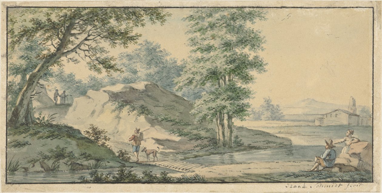 Landschap met bruggetje door Izaak Schmidt