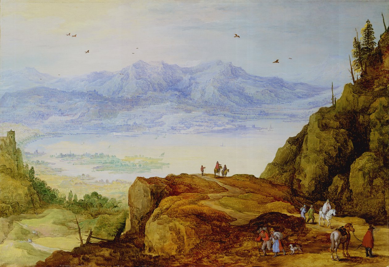 Uitgestrekt berglandschap met een meer door J. and Momper, J. de Brueghel
