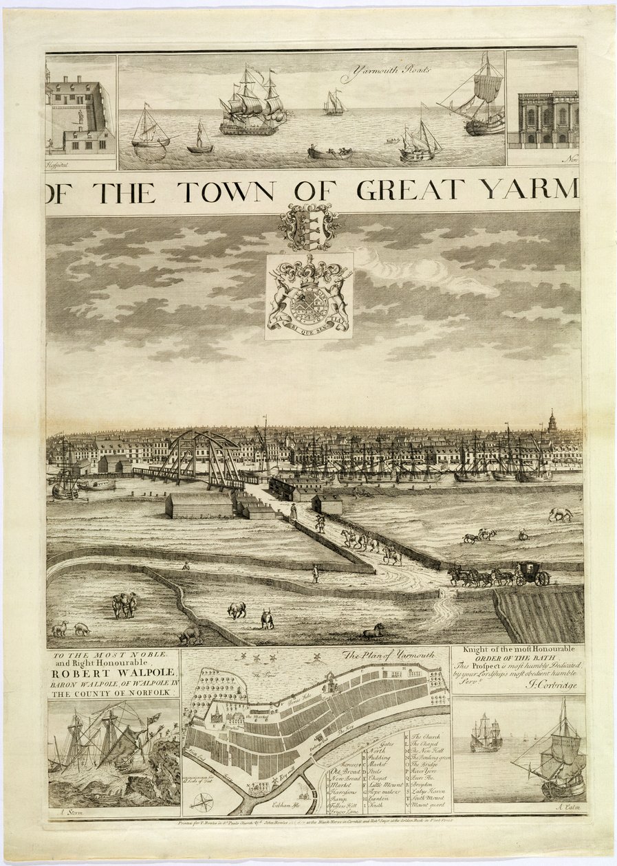 Het westelijke uitzicht op de stad Great Yarmouth in Norfolk, gegraveerd door John Harris door J. Corbridge