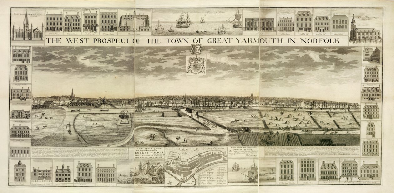 Het Westelijke Uitzicht op de Stad Great Yarmouth in Norfolk, gegraveerd door John Harris (fl.1686-1740) door J. Corbridge