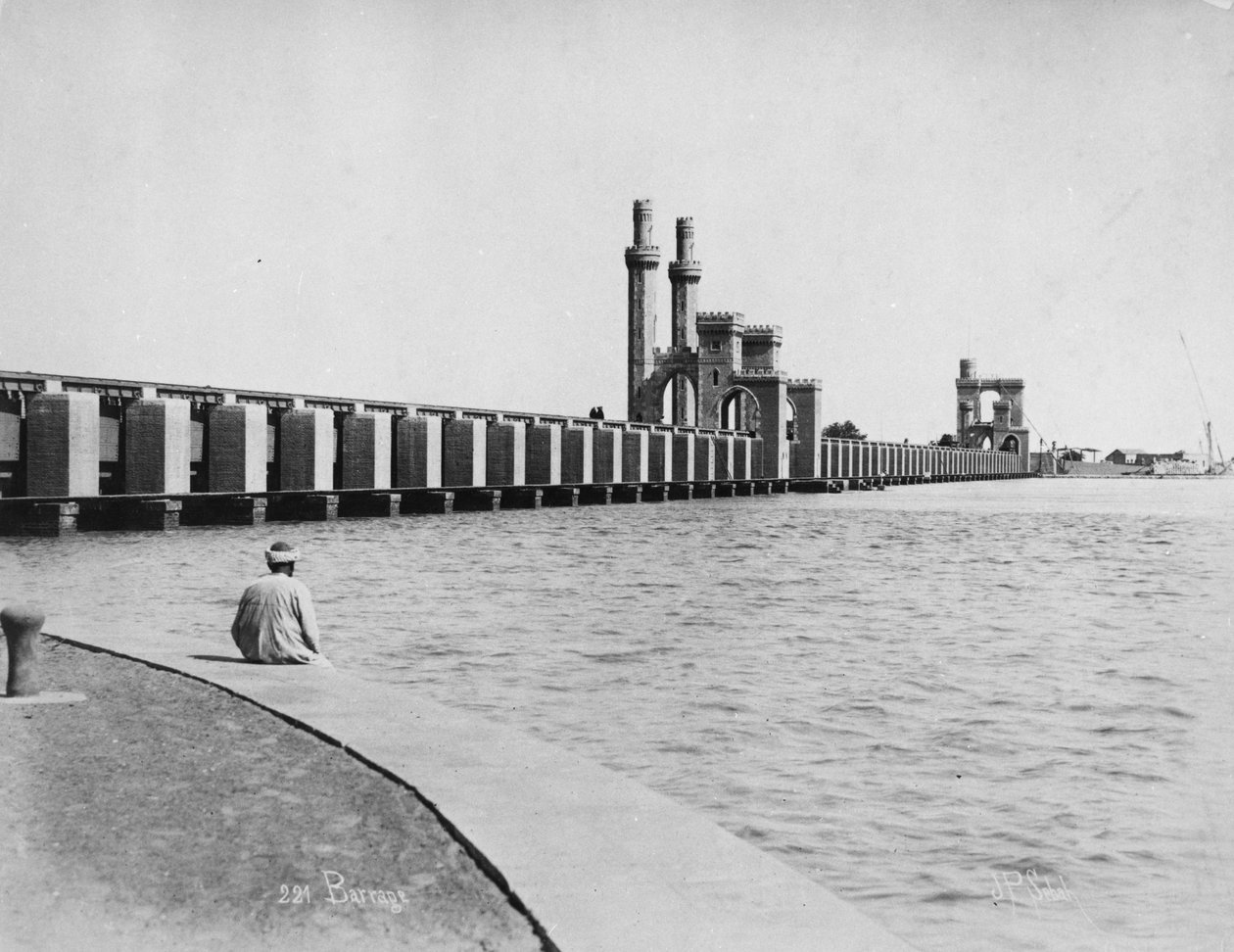 Dam op de Nijl bij Caïro, ca. 1880 door J. Pascal Sebah