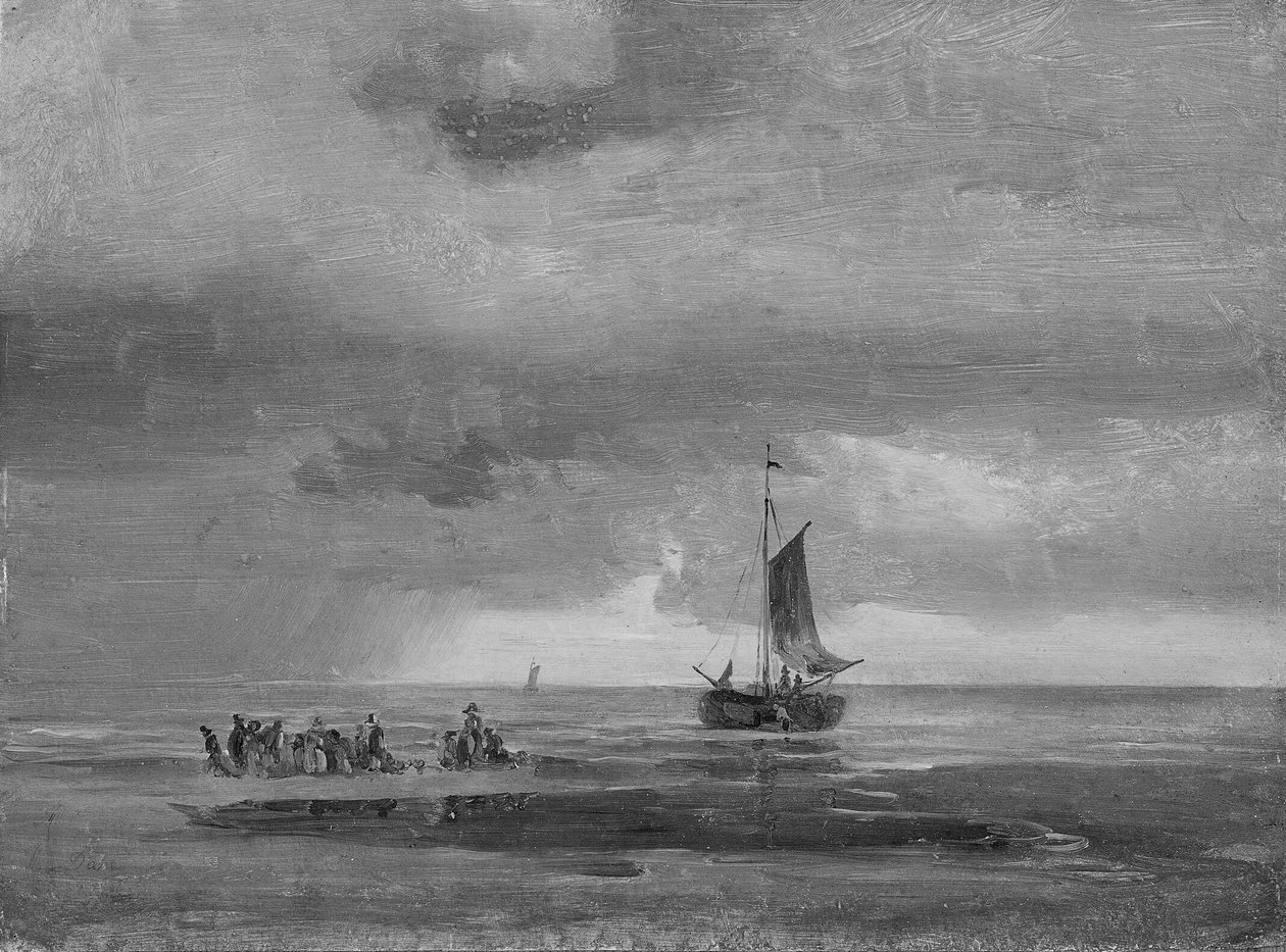 Vlak strand bij zonsondergang door Johan Christian Dahl
