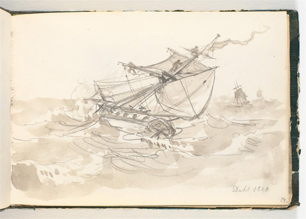 Drie zeilschepen in hoge zee door Johan Christian Dahl