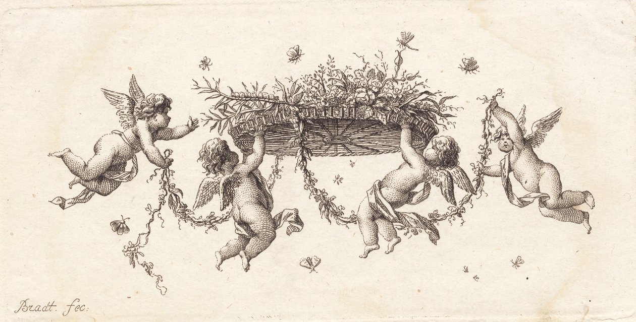 Vignet met slingerende bladeren en linten door J.F. Clemens