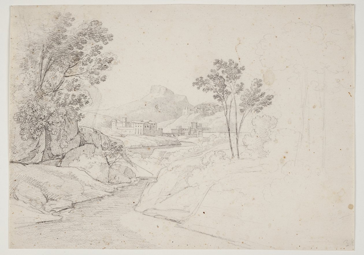Landschapsstudie met gebouwen bij waterloop. Italië door J.L. Lund