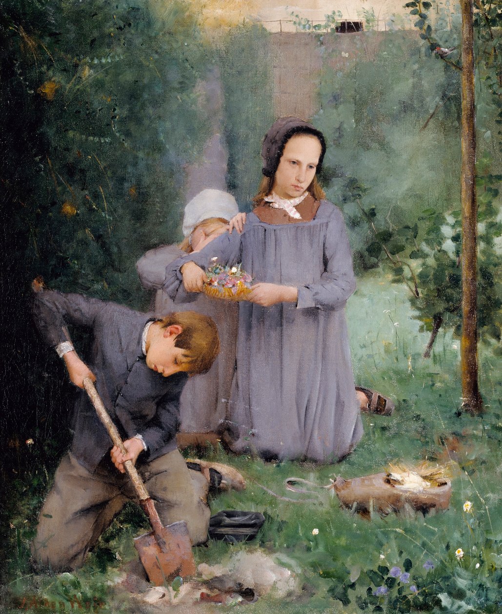 Kinderen begraven een vogel door J. Alden Weir