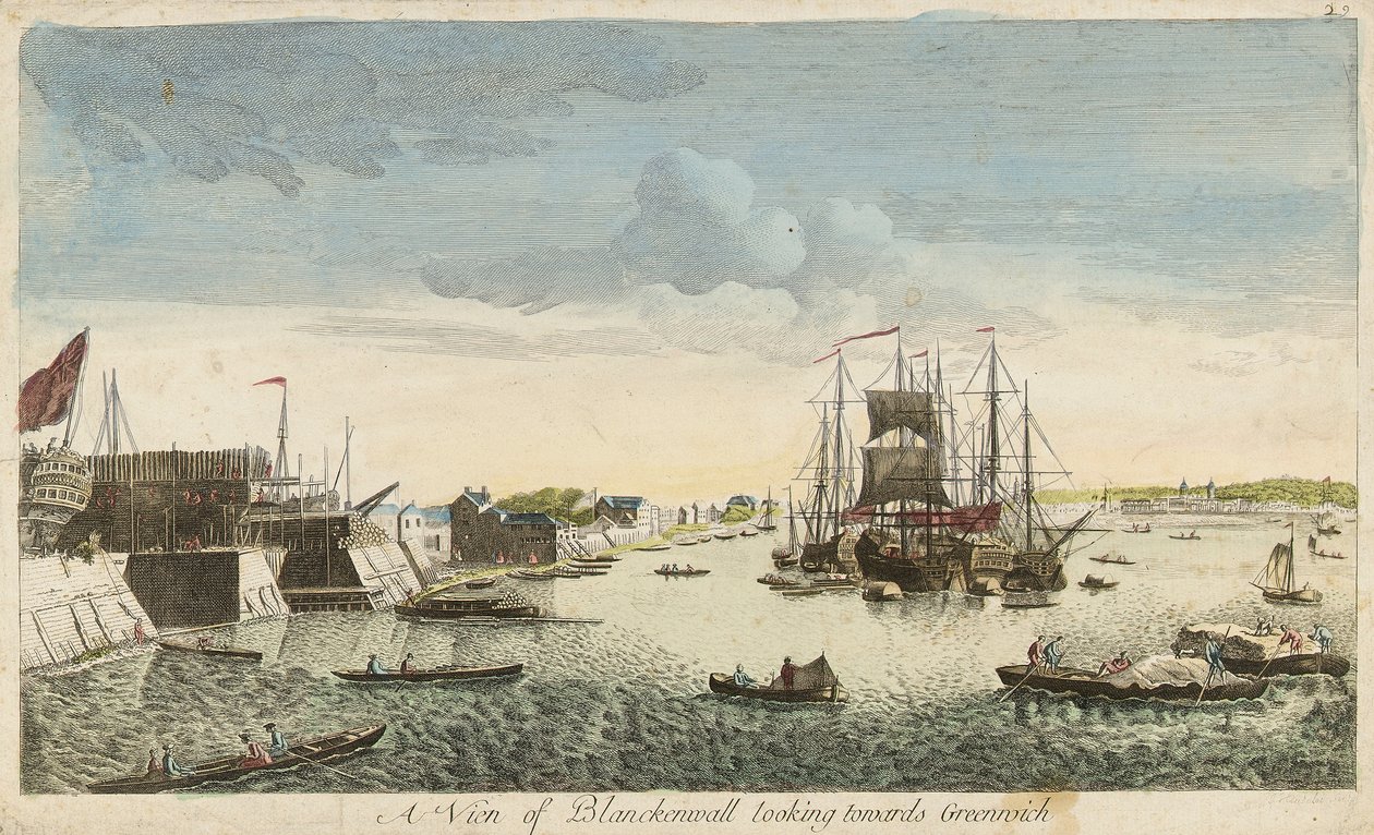 Uitzicht op Blackwall richting Greenwich door J. Heudelot