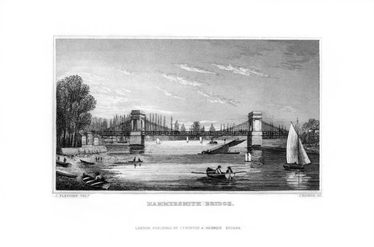 Hammersmith Bridge, Hammersmith, Londen, 1829 door J. Rogers