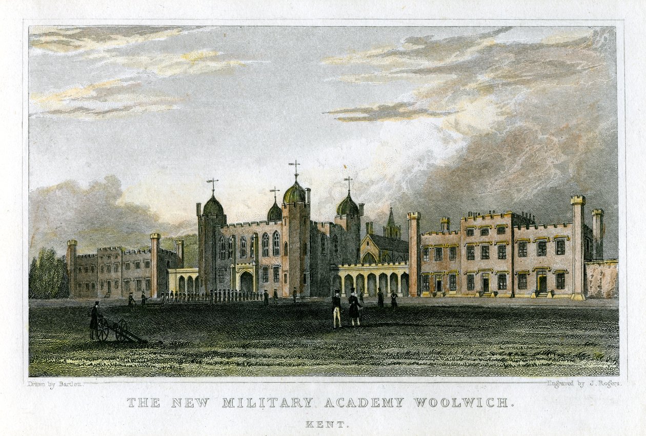 De nieuwe militaire academie Woolwich, Kent, ca. 1829 door J. Rogers