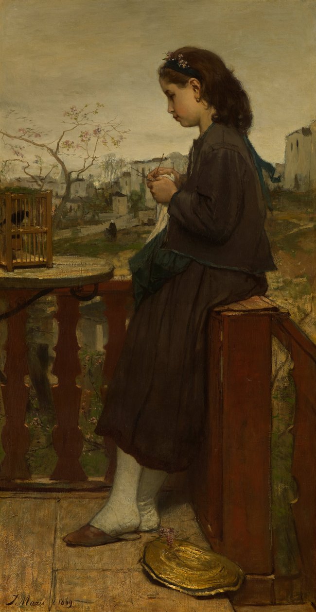 Meisje dat breit op een balkon, Montmartre door Jacob Henricus or Hendricus Maris