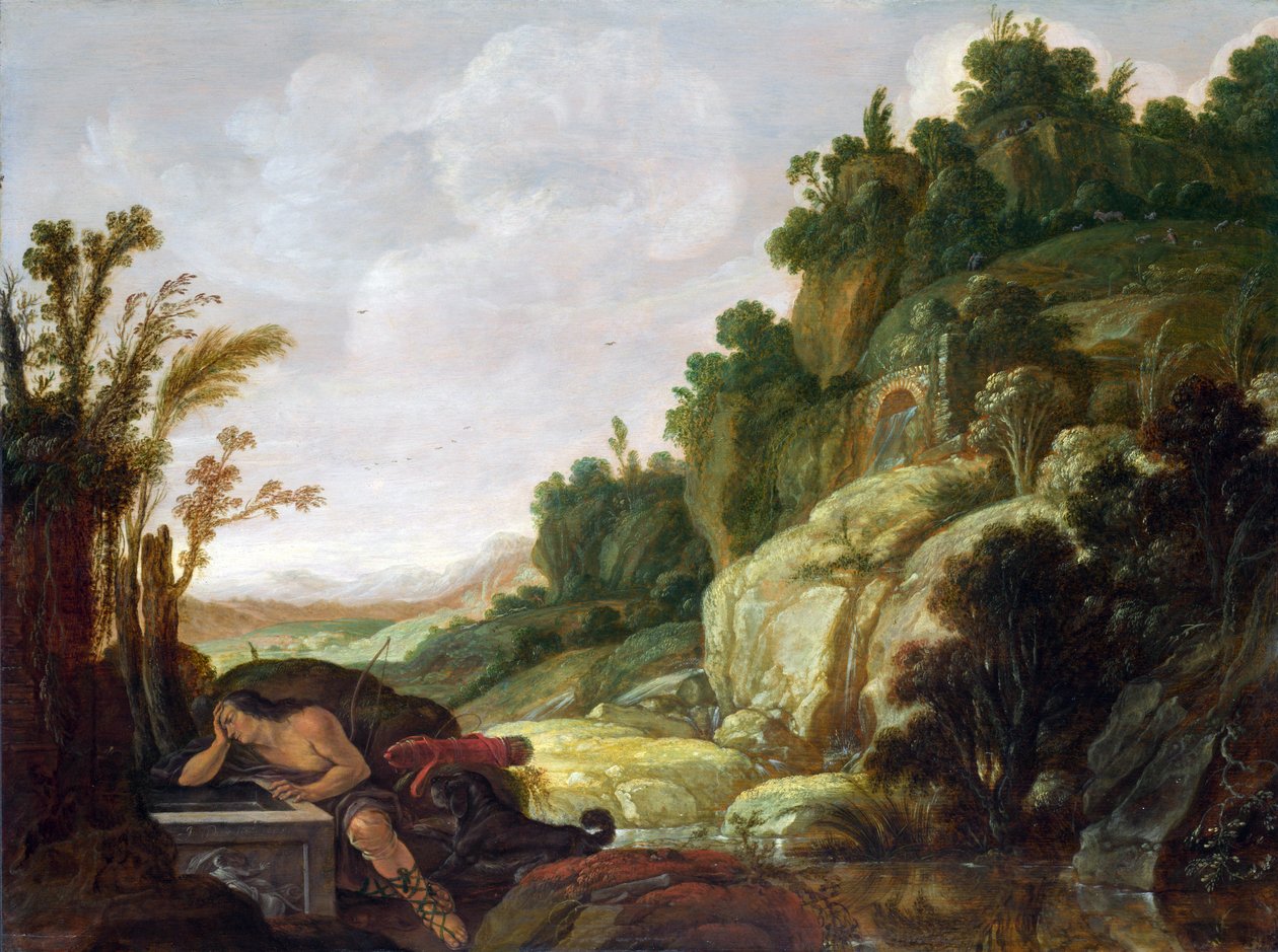 Landschap met Narcissus bij de bron door Jacob Symonsz Pynas or Pinas
