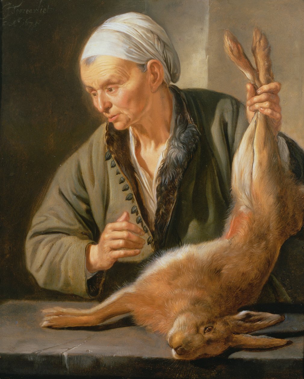 Vrouw met een dode haas, 1675 door Jacob Toorenvliet