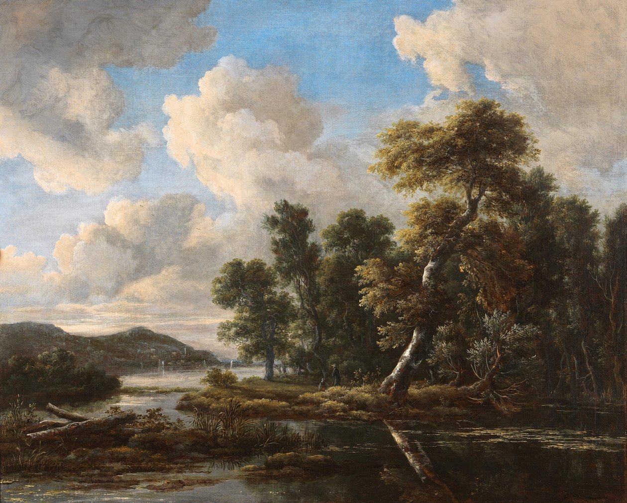 Rivierlandschap met beboste oevers door Jacob van Ruisdael