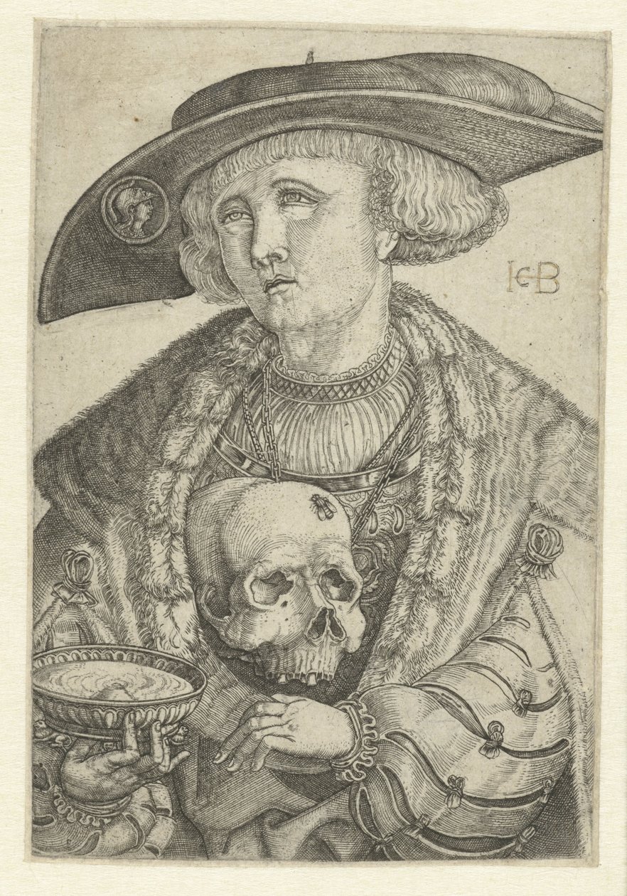 Zelfportret met schedel en schaal door Jacob Binck