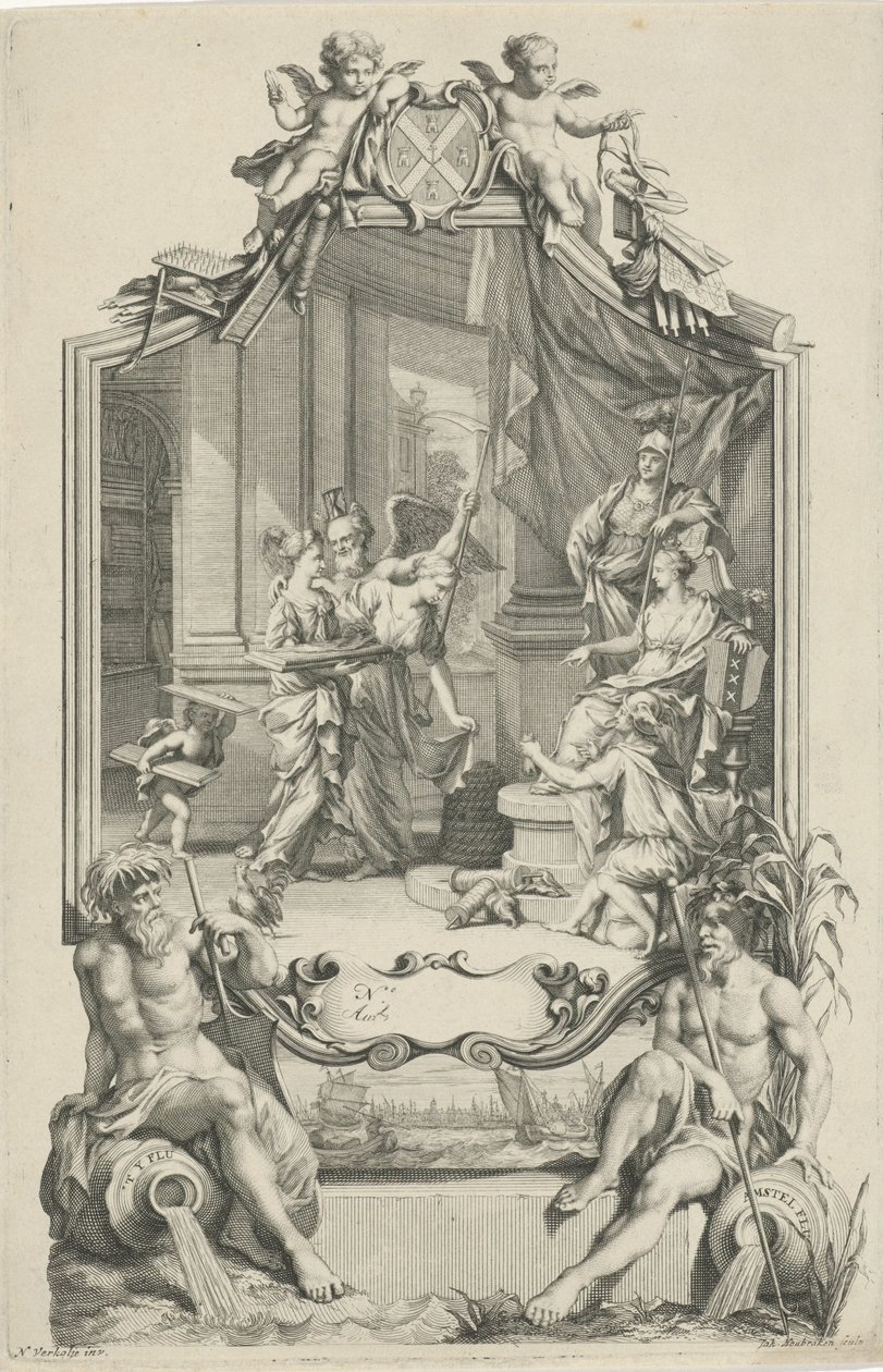Allegorie op de zijde-industrie in Amsterdam door Jacob Houbraken
