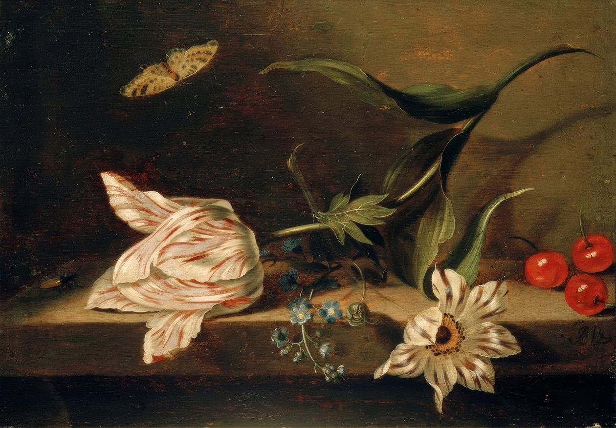 Stilleven met bloemen op een tafelblad door Jacob Marrel