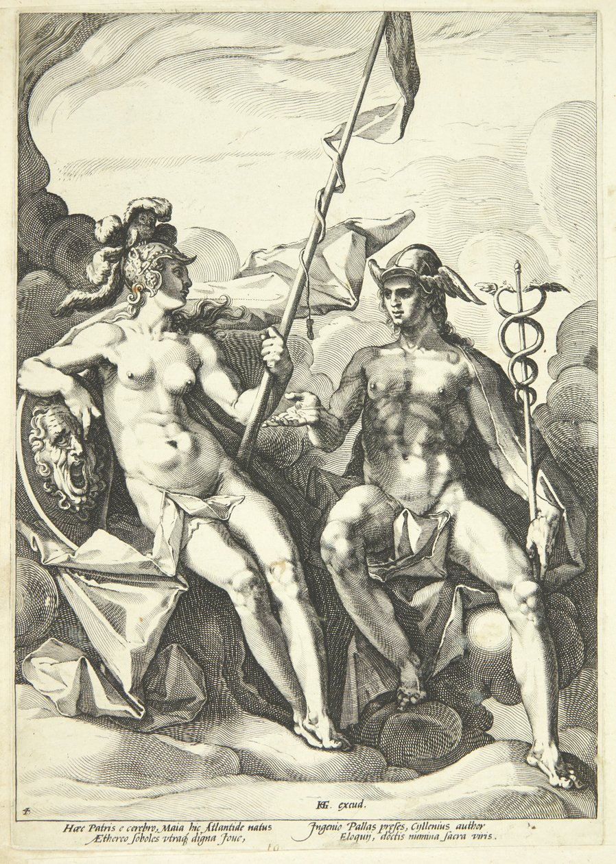 De alliantie tussen Athene en Mercurius (Hermathena) door Jacob Matham