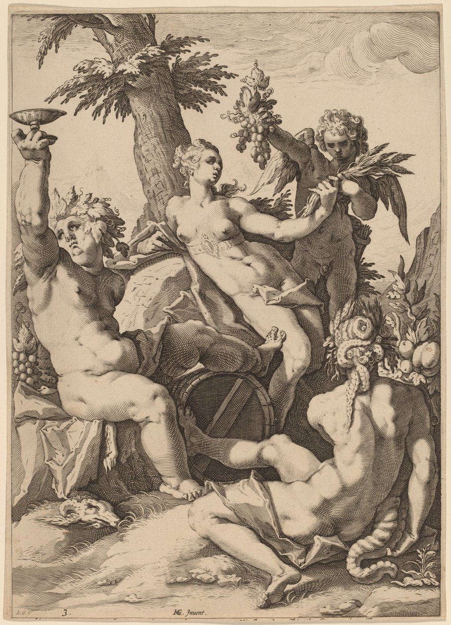 Venus, Bacchus en Ceres door Jacob Matham after Hendrik Goltzius