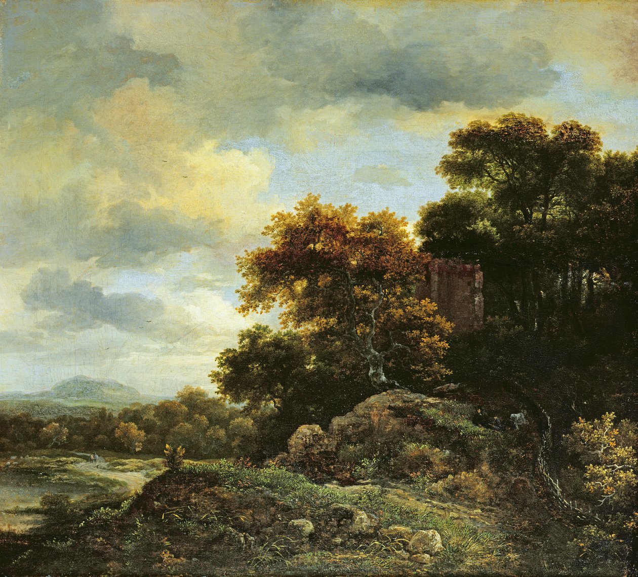 Landschap met beboste heuvel door Jacob van Ruisdael