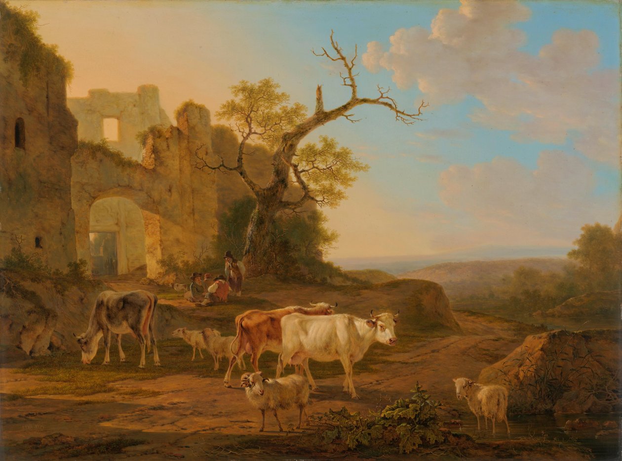 Landschap met koeien bij een ruïne door Jacob van Strij