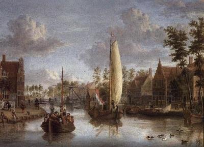 Een kanaal met schuiten door Jacobus Storck