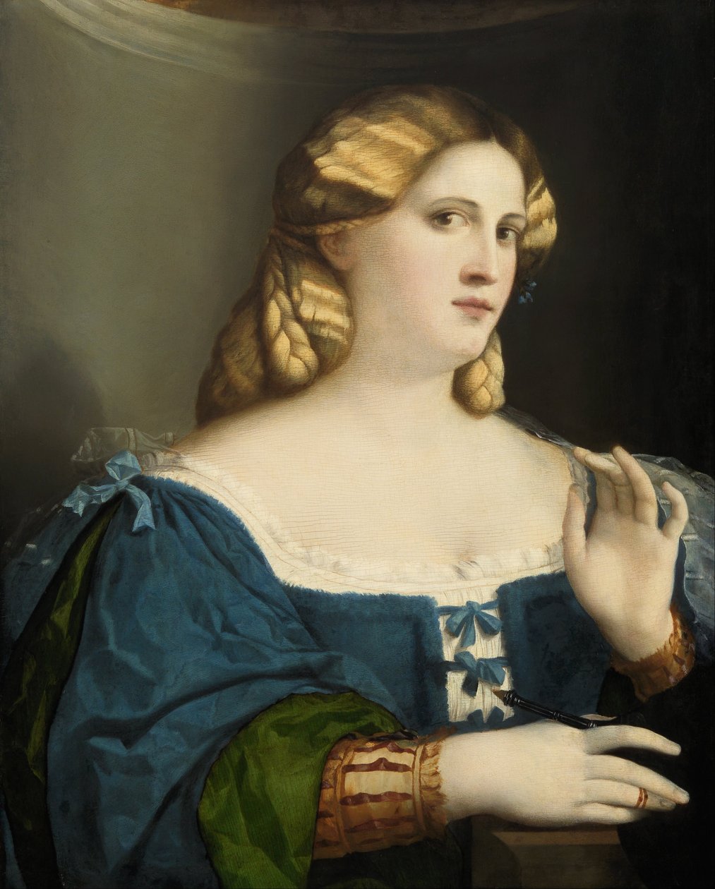 Jonge vrouw in een blauwe jurk, met waaier door Jacopo Negretti