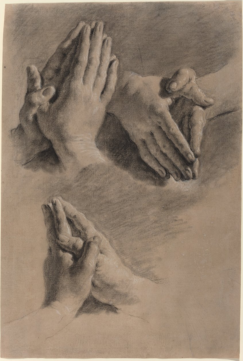 Drie studies van handen gevouwen in gebed door Jacopo Guarana