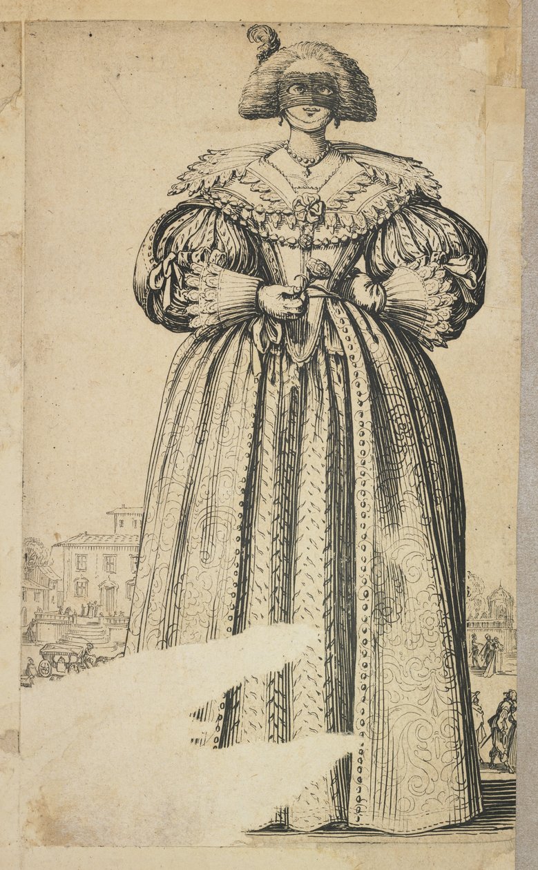 Gemaskerde Adellijke Vrouw, uit La Noblesse de Lorraine, ca. 1620-23 door Jacques Callot