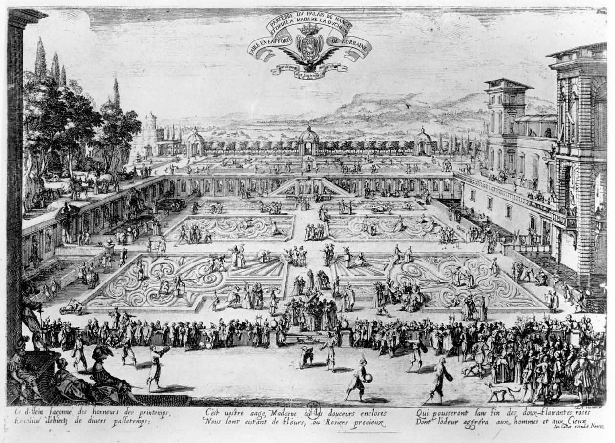 De tuin bij het Palais de Nancy, opgedragen aan de Hertogin van Lotharingen, 1624 door Jacques Callot