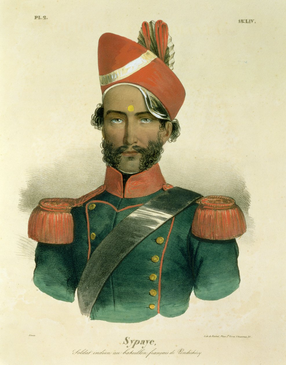Een Sepoy: een Indiase soldaat in het Franse bataljon in Pondicherry, gegraveerd door Racinet door Jacques Francois Gauderique Llanta