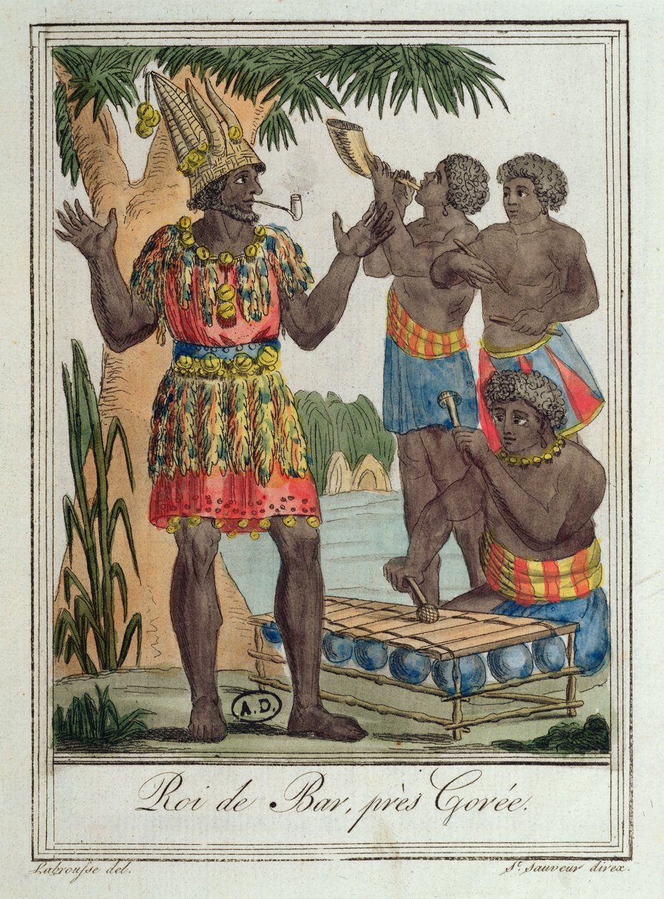 Koning van Bar, nabij Gorée, Senegal, uit Costumes de Différents Pays, 1796 door Jacques Grasset de Saint Sauveur