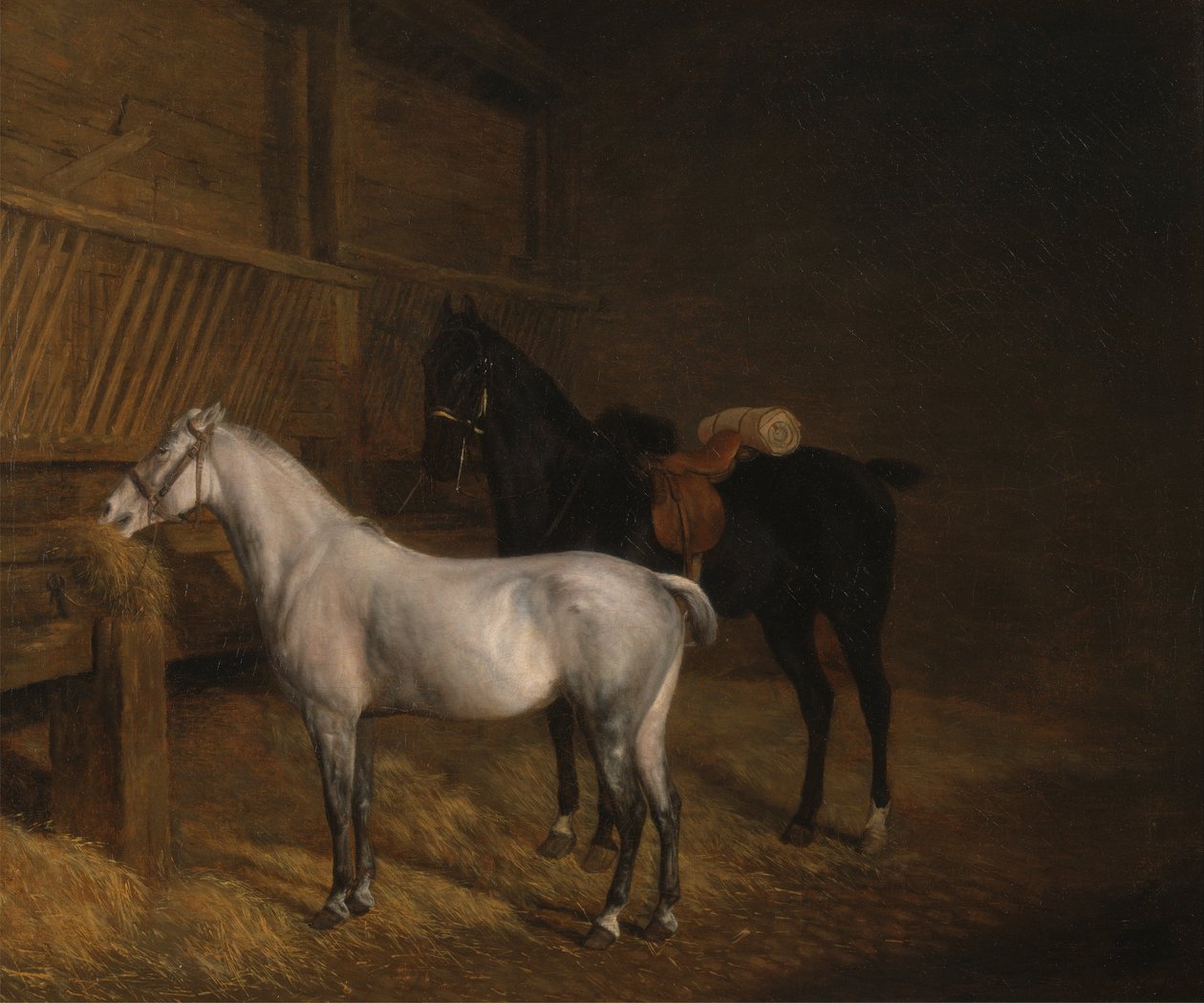 Een Grijze Pony en een Zwarte Hengst in een Stal door Jacques Laurent Agasse