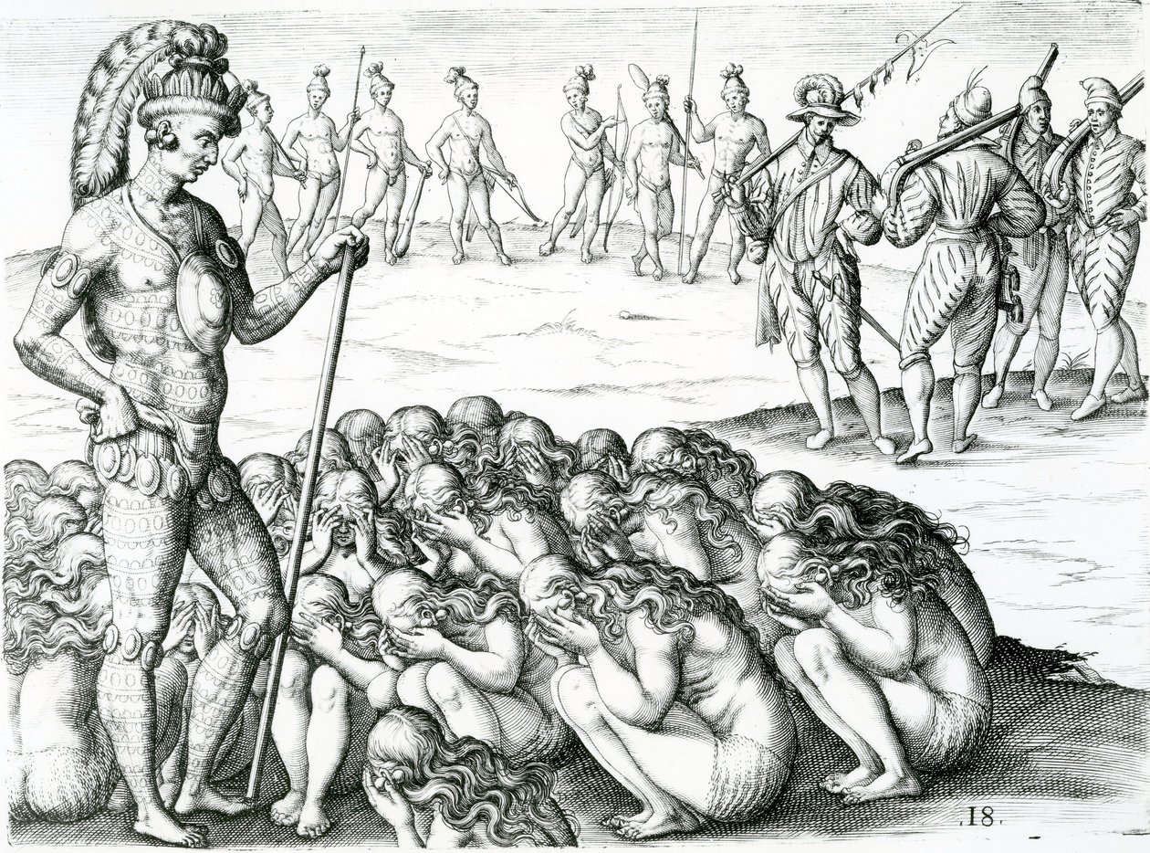 morbo sublati postulata a Rege, illustratie uit Brevis narratio eorvm qvae in Florida Americae provicia Gallis acciderunt 1591 door Jacques Le Moyne