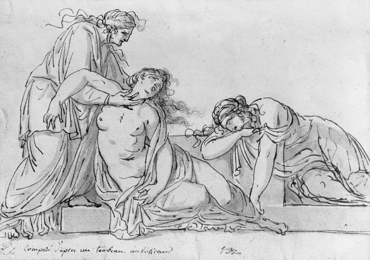Oude vrouw leunt over twee flauwvallende vrouwen, c.1776 door Jacques Louis David
