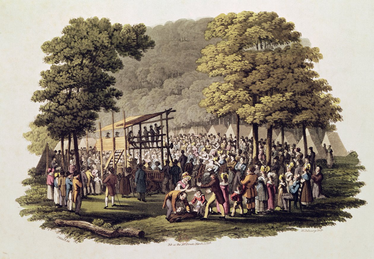 Kampbijeenkomst van de Methodisten in Noord-Amerika, gegraveerd door Matthew Dubourg (fl.1813-20) 1819 door Jacques Milbert