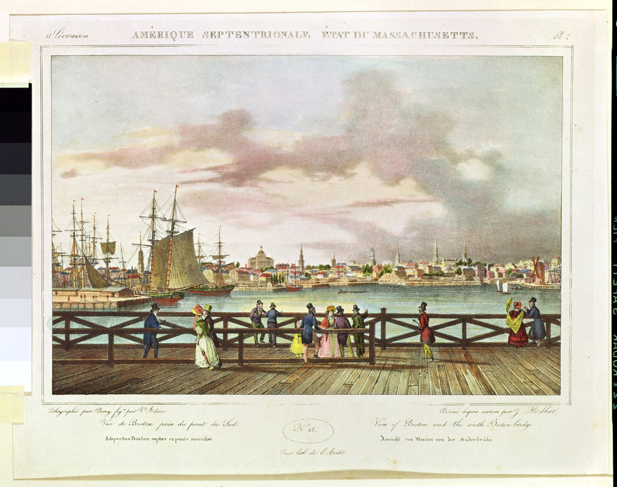 Uitzicht op Boston en de South Boston Brug ca. 1829 door Jacques Milbert