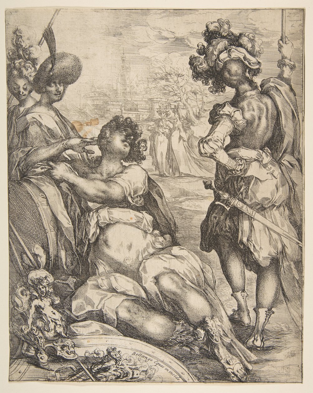 Militaire figuren buiten een stad door Jacques Bellange