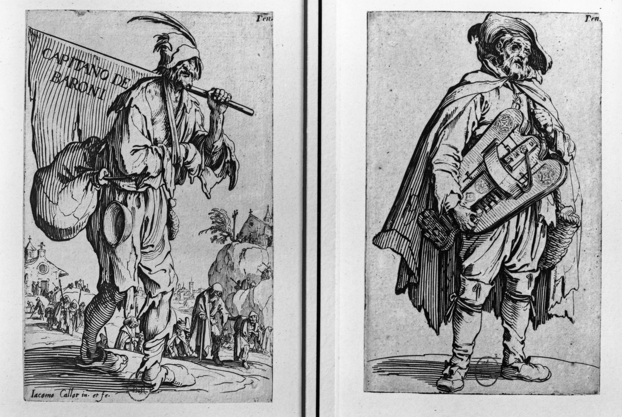 Een bedelaar en een draaiorgelspeler door Jacques Callot
