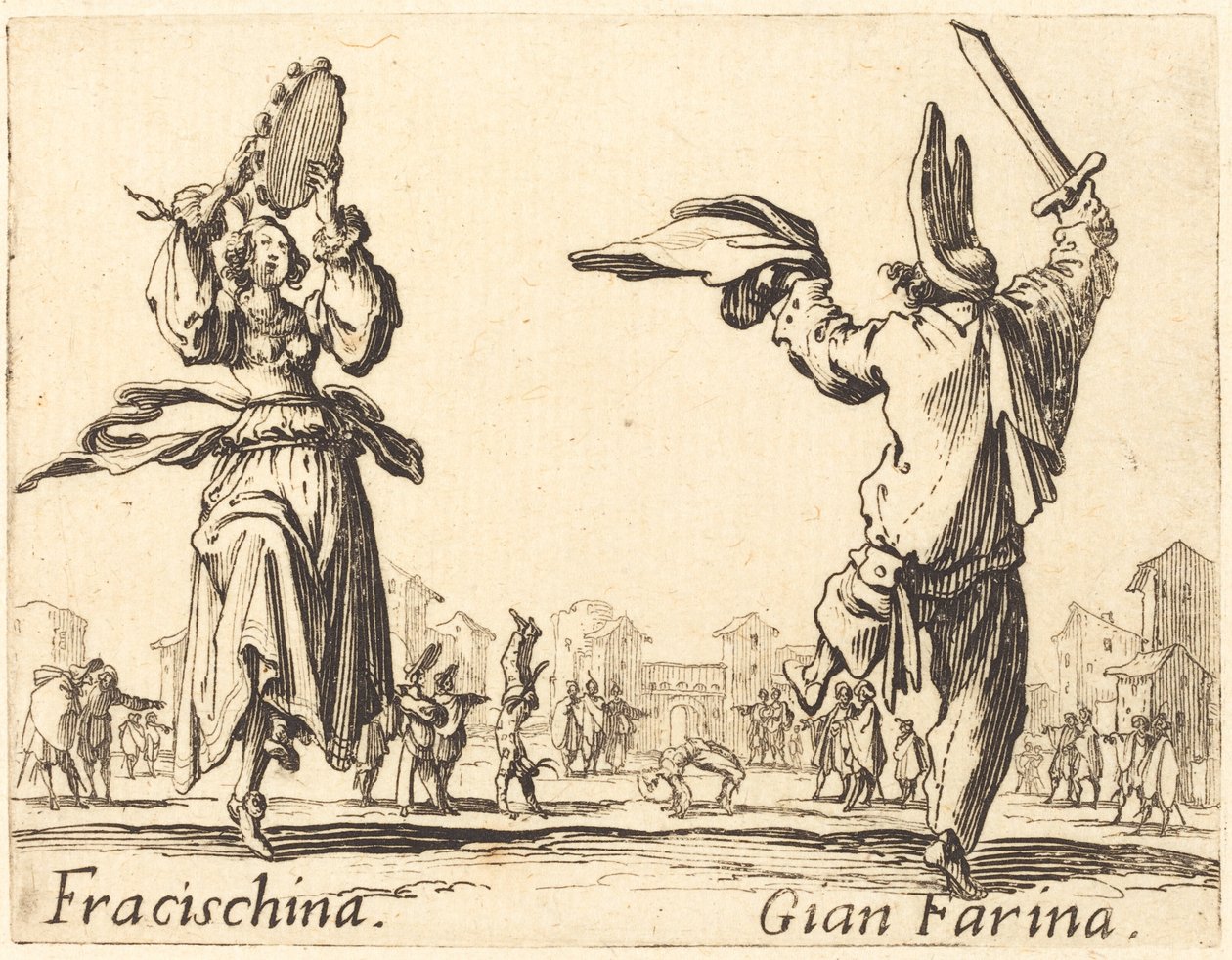 Fracischina en Gian Farina, ca. 1622 door Jacques Callot
