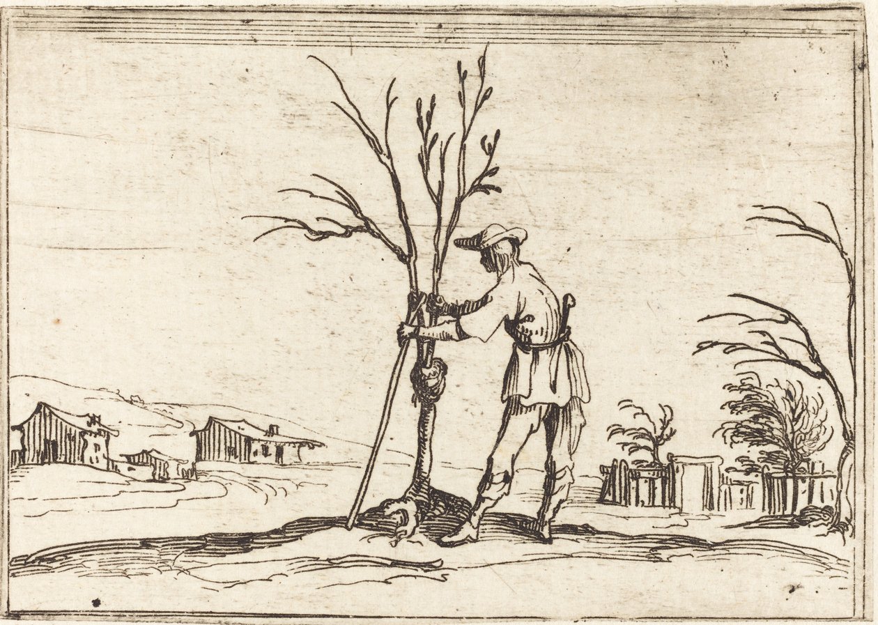 Tuinman die een boom snoeit door Jacques Callot