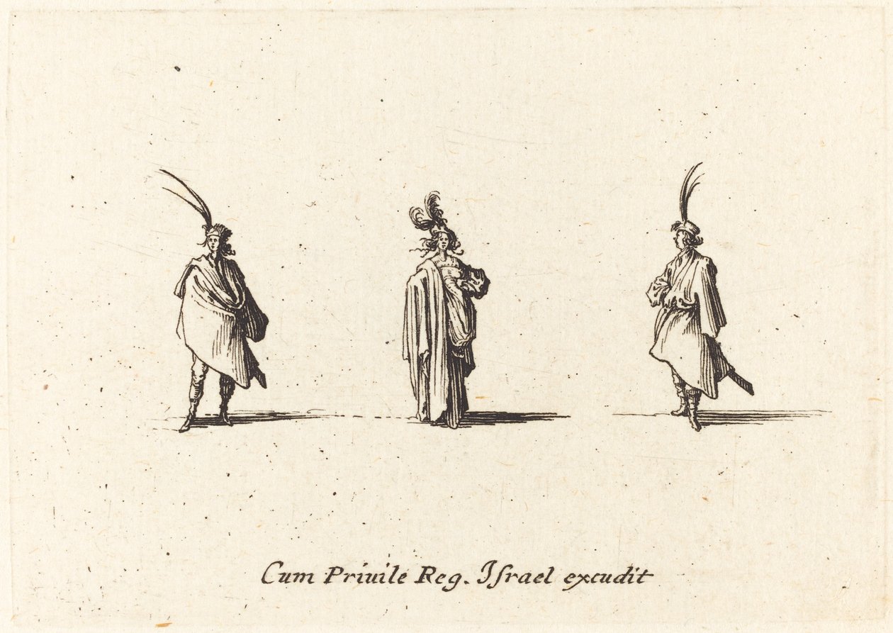 Dame in lange mantel, en twee heren door Jacques Callot