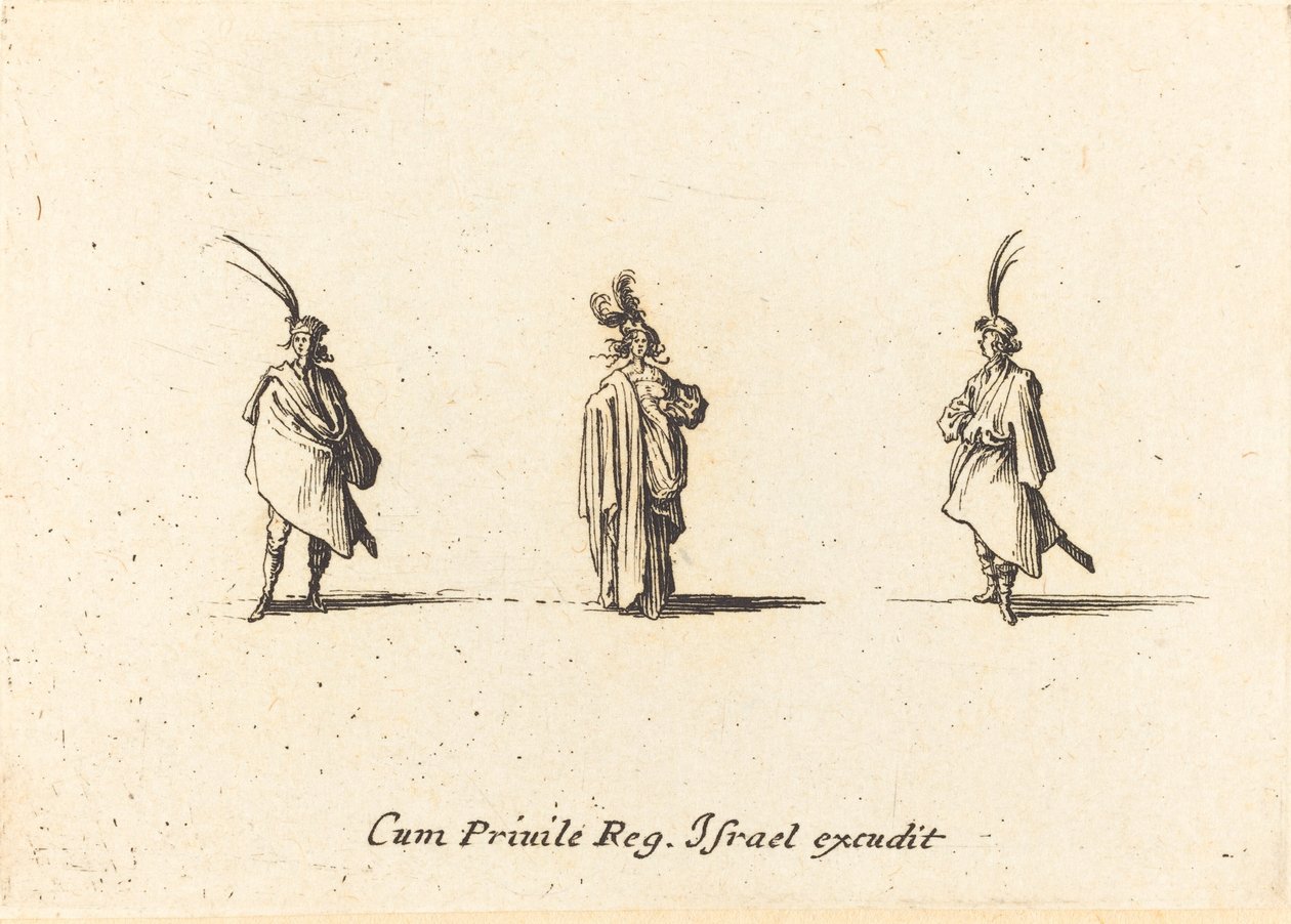 Dame in lange mantel en twee heren door Jacques Callot