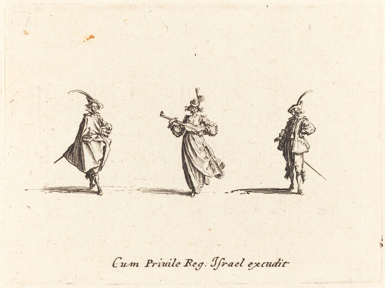 Dame met snaarinstrument en twee heren door Jacques Callot