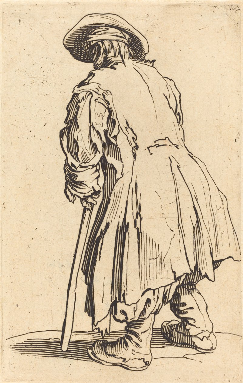 Oude bedelaar met één kruk door Jacques Callot