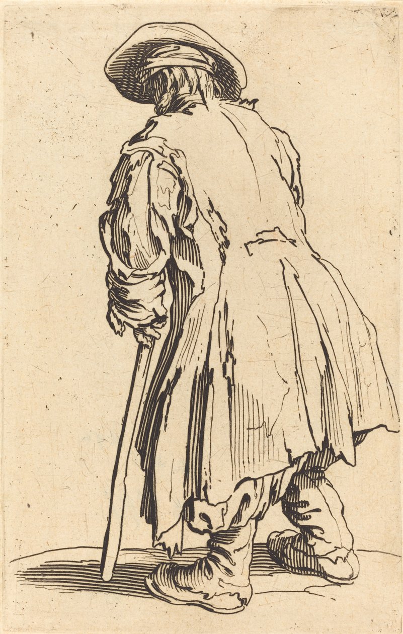 Oude bedelaar met één kruk door Jacques Callot