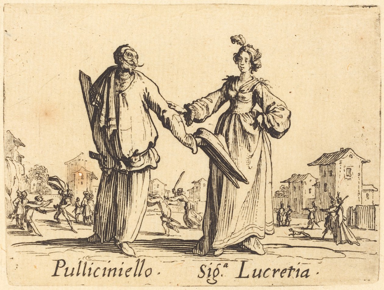 Pulliciniello en Siga. Lucretia door Jacques Callot