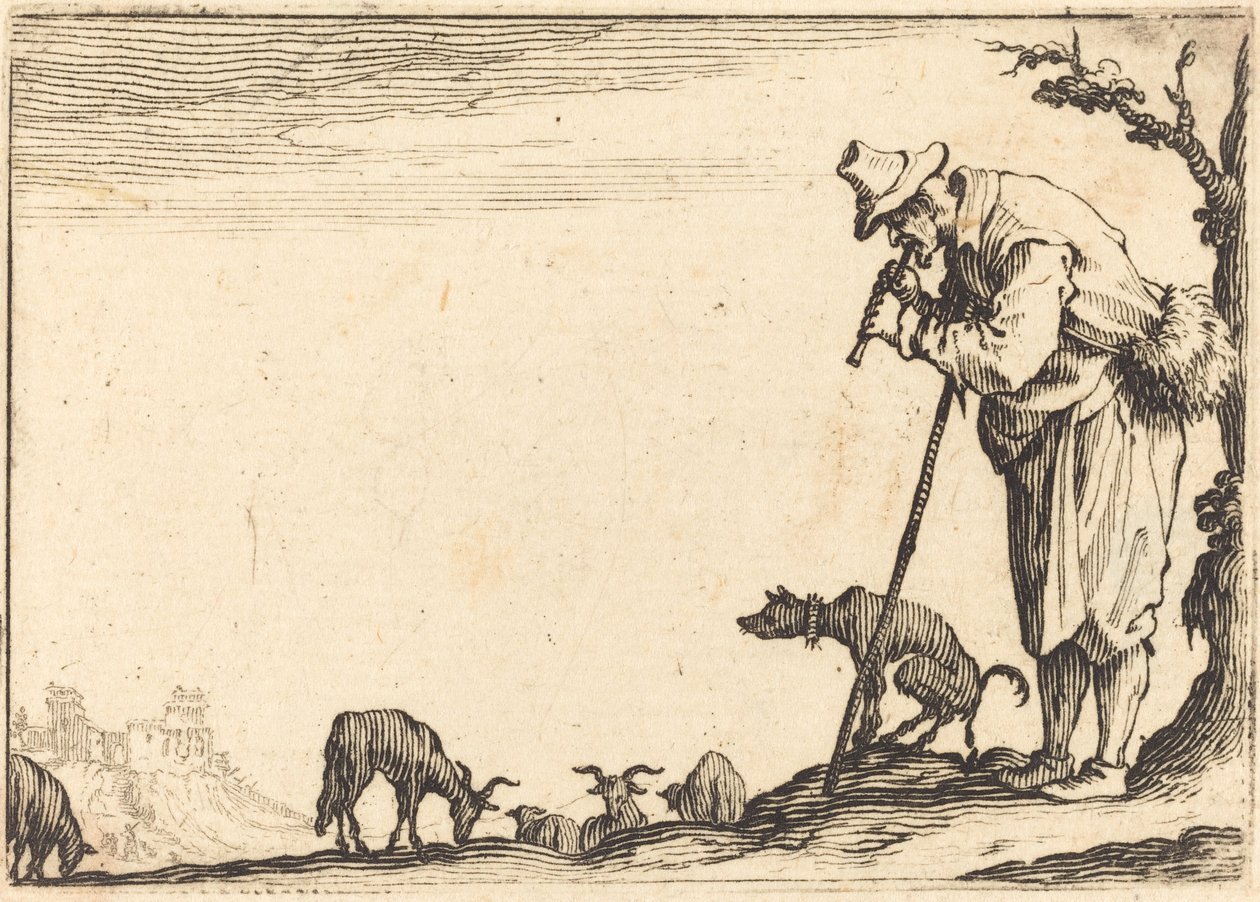 Herder die fluit speelt, ca. 1617 door Jacques Callot