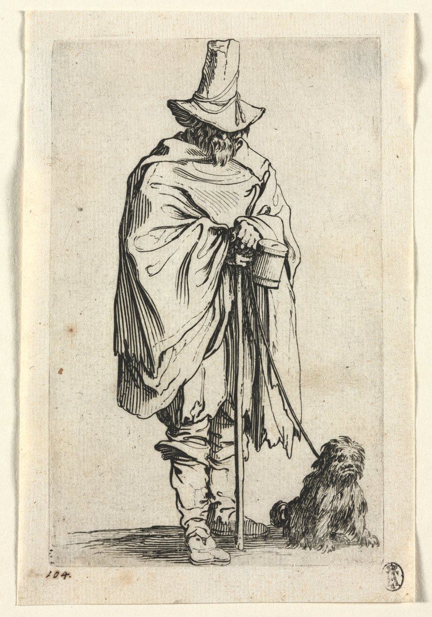 De bedelaars: Blinde man met zijn hond door Jacques Callot