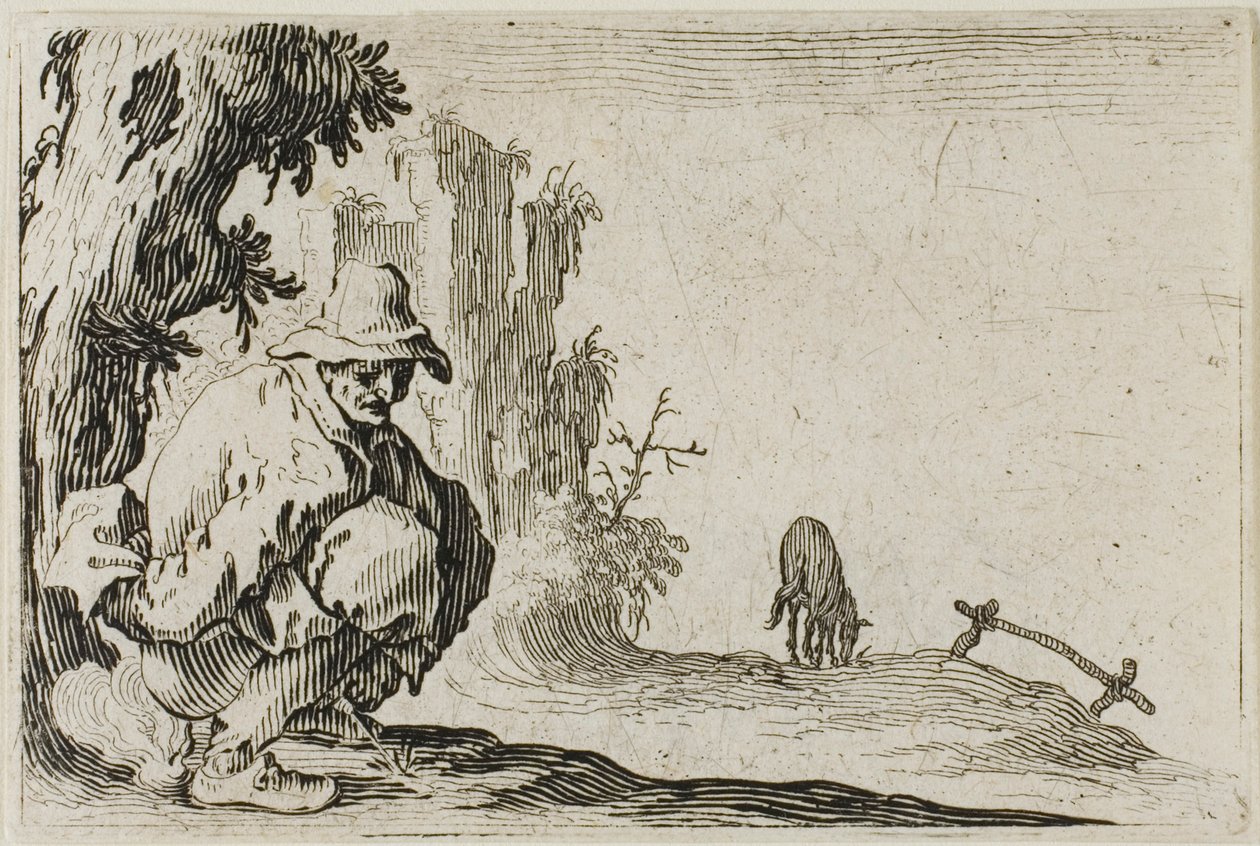 De hurkende boer, uit De Caprices door Jacques Callot